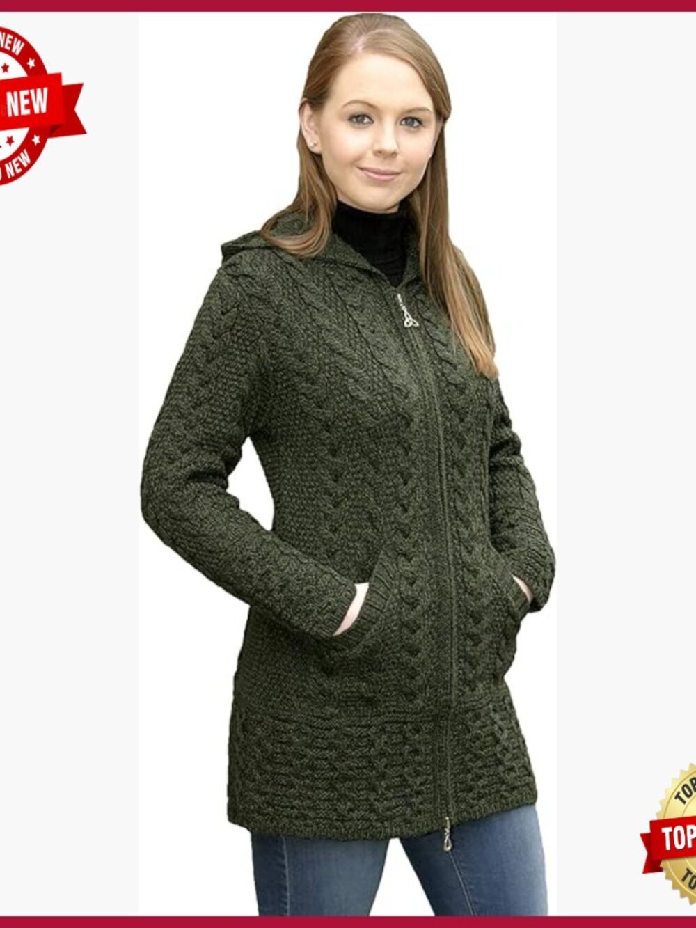 Irish Cable Knit Merino Wool Hooded Zip Coat 3/4 Length Peacoat
